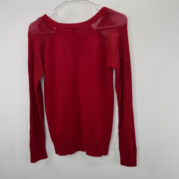 Guess Sweater S Women Red Pullover Triangle Logo Rhinestone Accents Crochet Arms - Picture 5 of 8